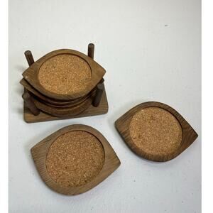 Vintage Taiwan Wooden Cork Coasters Set Mid Century Modern Set of 6 w Holder
